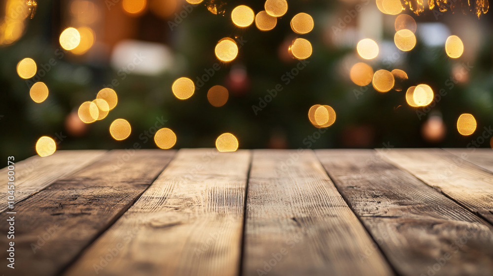 Christmas and New year background with empty dark wooden deck table over christmas tree and blurred light bokeh. Empty display for product montage. Rustic vintage Xmas background.
