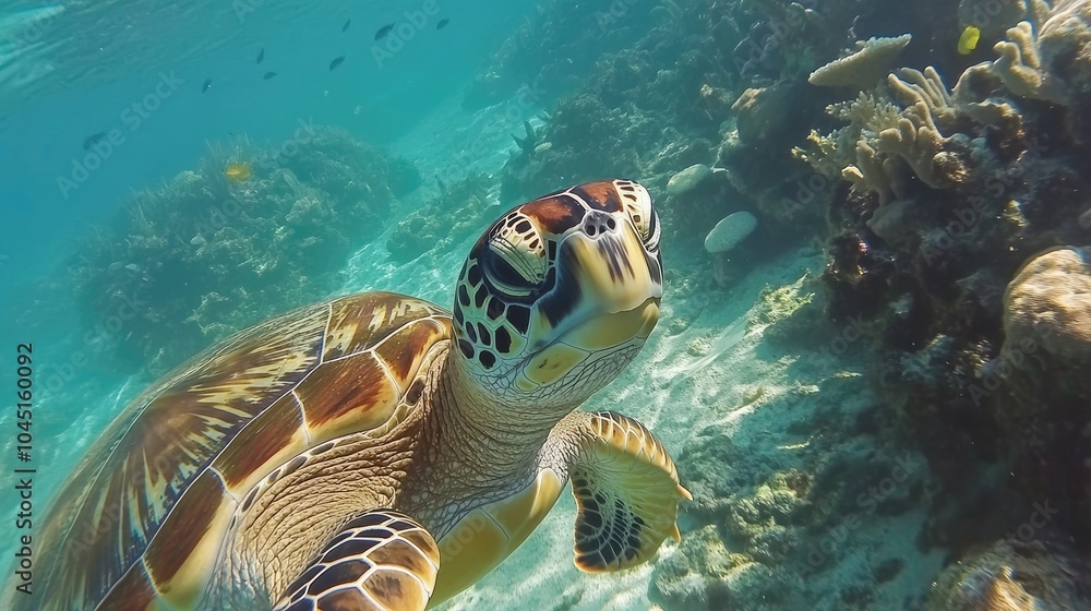 Fototapeta premium A close-up of a sea turtle swimming gracefully through crystal-clear waters, with coral and fish in the background.