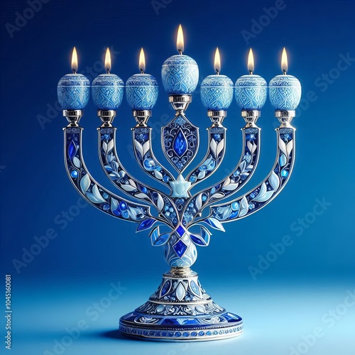 Blue and White Menorah An elegant menorah with a blue and white photo