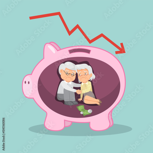 A senior couple is poor and has no money in their piggy bank. Broken Piggy Bank. Flat, Vector, Illustration, Cartoon, EPS10.   