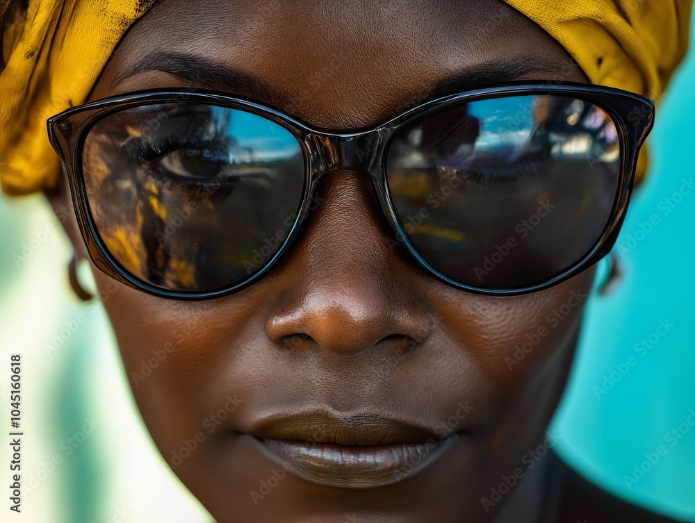 A woman wearing a yellow turban and sunglasses A woman wearing a yellow turban and sunglasses