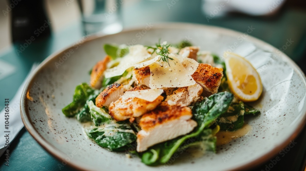 A fresh Caesar salad with crispy croutons, shaved parmesan, and grilled chicken, served on a white plate with a lemon wedge. A fresh Caesar salad with crispy croutons, shaved parmesan, and grilled chicken, served on a white plate with a lemon wedge.