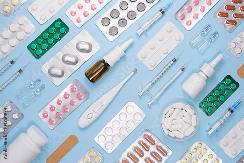 Flat lay of medical supplies and pharmaceuticals, including syringes, blister packs, nasal spray, thermometer, and pills on a light blue background.