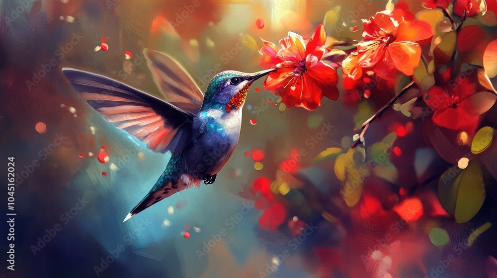 A hummingbird hovering in mid-air, sipping nectar from a bright red flower with its wings blurred in motion. A hummingbird hovering in mid-air, sipping nectar from a bright red flower with its wings blurred in motion.