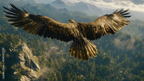A majestic eagle soaring through the sky with its wings spread wide, high above the mountains and forests below.