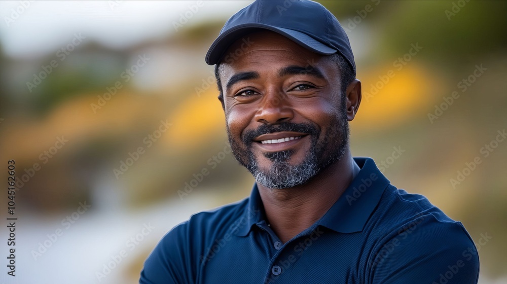 A man in a blue shirt and a baseball cap smiles at the camera