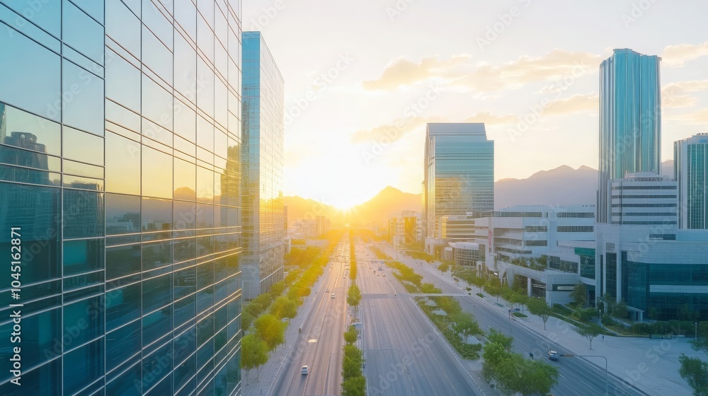 Fototapeta premium Modern Cityscape with Glass Buildings and Sunset Sky