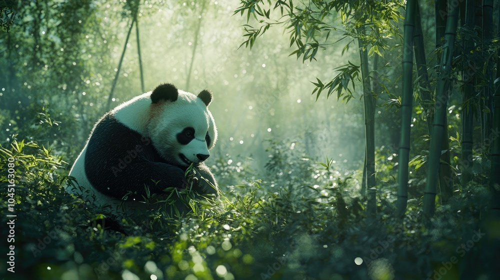 A panda munching on bamboo in a peaceful bamboo forest, surrounded by green stalks and dappled sunlight. A panda munching on bamboo in a peaceful bamboo forest, surrounded by green stalks and dappled sunlight.