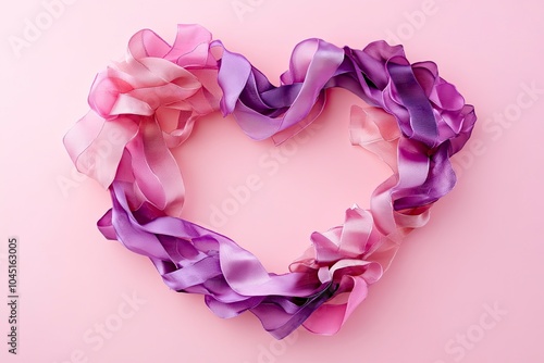 Heart made of ribbon on pink background. Valentine's Day celebration with generative ai