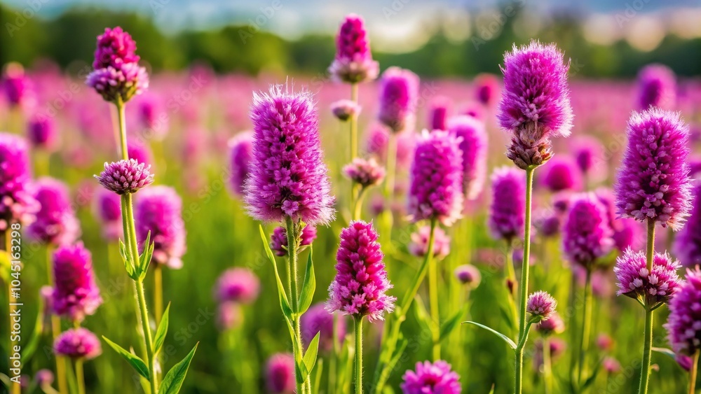 Extreme close-up of pink and purple flowers in a green field