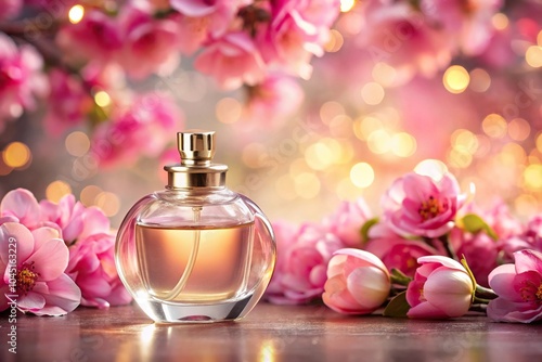 Extreme close-up of perfume bottle with pink flowers and dreamy background