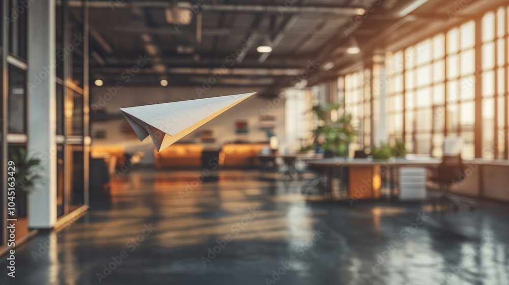A paper airplane flying across an office setting, symbolizing change, leadership, and innovative thinking for business success A paper airplane flying across an office setting, symbolizing change, leadership, and innovative thinking for business success