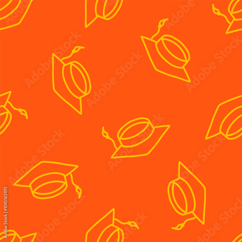 Orange seamless pattern with yellow outline graduation hat