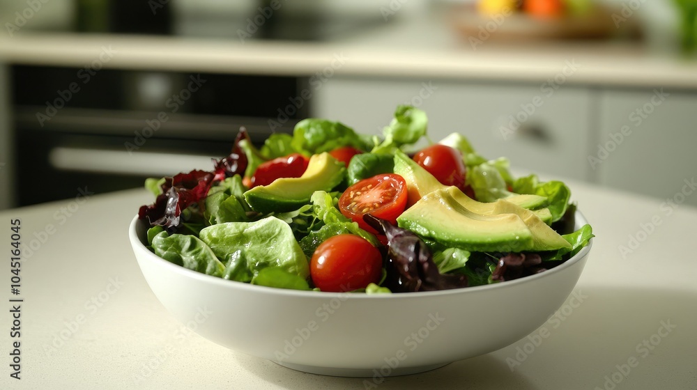 A vibrant salad bowl filled with mixed greens, cherry tomatoes, sliced avocados, and a drizzle of olive oil, set on a light kitchen countertop. A vibrant salad bowl filled with mixed greens, cherry tomatoes, sliced avocados, and a drizzle of olive oil, set on a light kitchen countertop.