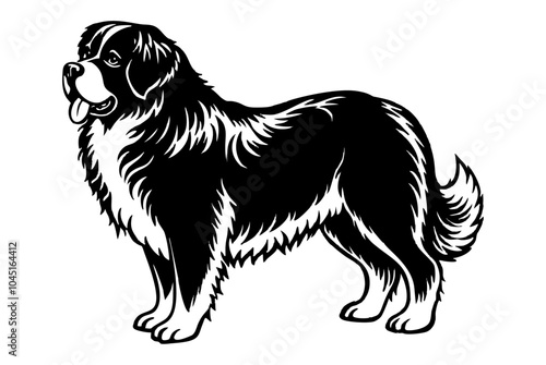 newfoundland dog full body icon. Black and white logo, dog silhouette, engraving style. Pet character. Vector illustration
