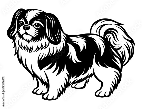 pekingese dog full body icon. Black and white logo, dog silhouette, engraving style. Pet character. Vector illustration