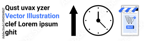 Arrow pointing up beside a clock and an online shopping cart on a mobile device. Ideal for e-commerce, time management, online shopping, productivity, and business growth. Banner for landing page