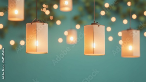 A blue background with a bunch of white lanterns hanging from the ceiling. The lanterns are lit up and create a warm and cozy atmosphere