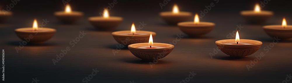 A row of candles are lit up in a dark room. The candles are arranged in a line, with some of them being closer to the camera and others further away. A row of candles are lit up in a dark room. The candles are arranged in a line, with some of them being closer to the camera and others further away.
