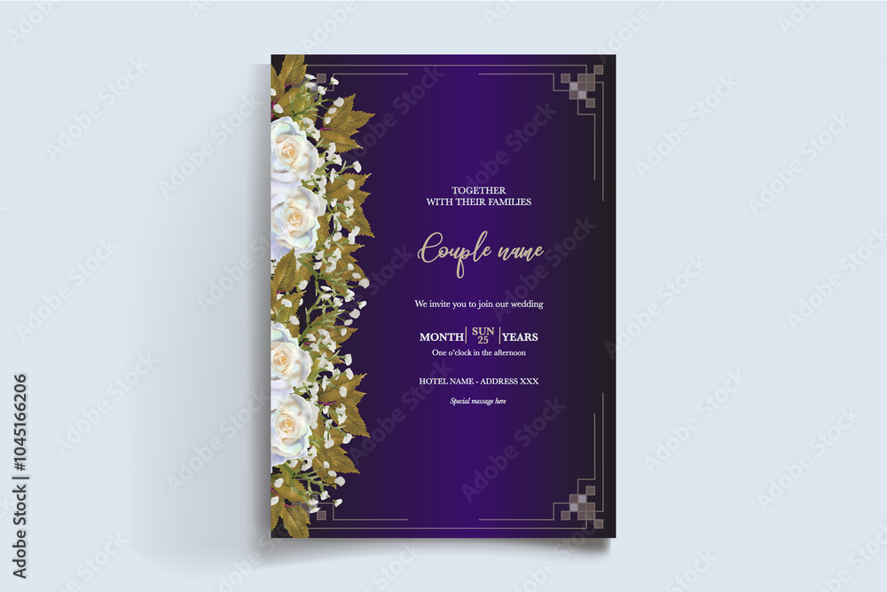 Fototapeta premium WEDDING INVITATION FRAME WITH FLOWER DECORATIONS AND FRESH LEAVES