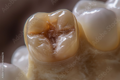 Image of a tooth with visible decay. The focus is on the damaged areas, highlighting the texture and discoloration of decayed teeth. Illustration. photo