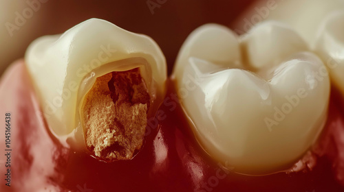 Image of a tooth with visible decay. The focus is on the damaged areas, highlighting the texture and discoloration of decayed teeth. Illustration.