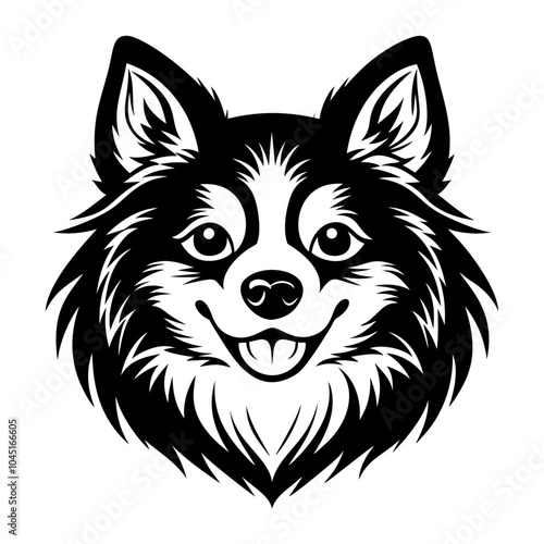 spitz dog fасе icon. Black and white logo, dog silhouette, engraving style. Pet character. Vector illustration