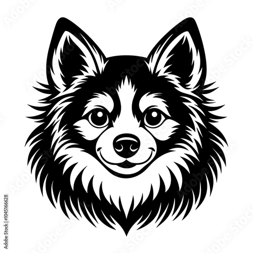 spitz dog fасе icon. Black and white logo, dog silhouette, engraving style. Pet character. Vector illustration