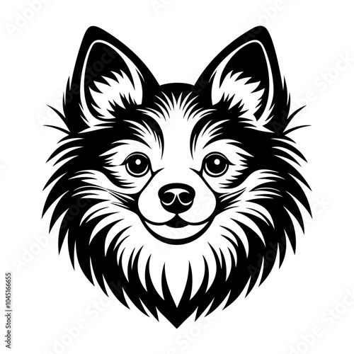spitz dog fасе icon. Black and white logo, dog silhouette, engraving style. Pet character. Vector illustration
