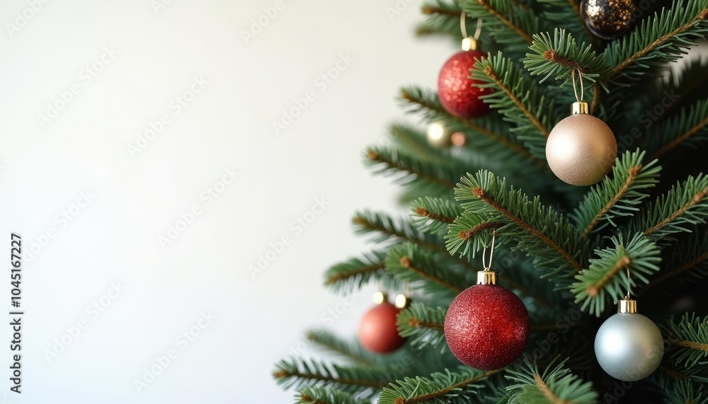 close-up christmas tree branch decoration and red bulbs ornament with copy space close-up christmas tree branch decoration and red bulbs ornament with copy space