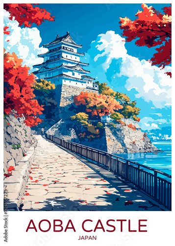 Aoba Castle Sendai Japan Poster Illustration Travel Print Decor Gift Paper Canvas Wall Retro Art photo