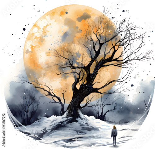 winter landscape with moon and tree