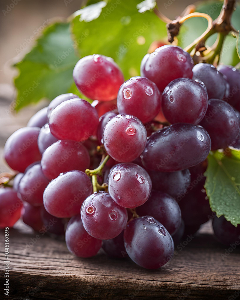 Fototapeta premium Untitlebunch of grapes, fresh grapes, green leaves, healthy snack, fruit photography, vineyard harvest, grape cluster, ripe grapes, organic grapes, food styling, natural produce, juicy fruit, summer h