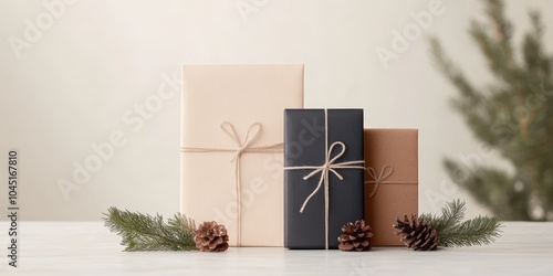 Elegant gift boxes with natural decor on a light background, perfect for holidays.
