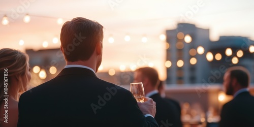 Elegant gathering on rooftop at sunset with guests enjoying drinks and lights.