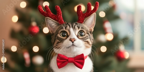 Festive cat with reindeer antlers and bow tie, Christmas tree in background.