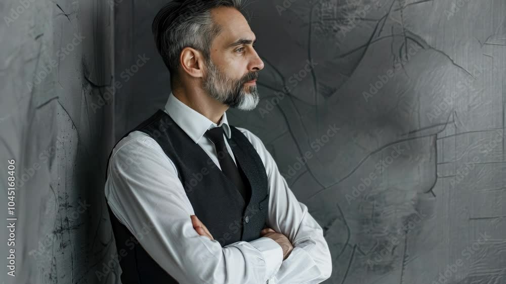 Man in a suit and vest stands with his arms crossed in front of a wall ...