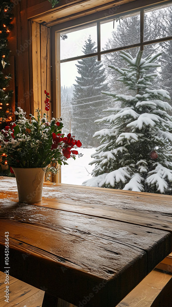 Fototapeta premium Christmas holiday background with empty wooden deck table over festive bokeh. Ready for product montage 
