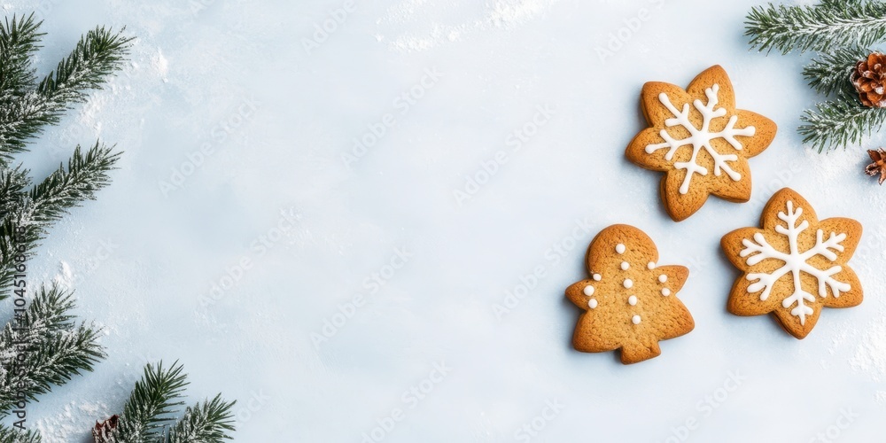 Festive gingerbread cookies, decorated, with evergreen branches on white background. Festive gingerbread cookies, decorated, with evergreen branches on white background.