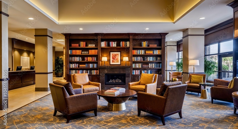 Cozy reading nook in hotel lobby background inviting reading area in the lobby with books and comfortable seating Cozy reading nook in hotel lobby background inviting reading area in the lobby with books and comfortable seating