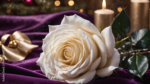 A delicate white rose, bathed in soft light, lays upon a rich purple velvet surface, its petals unfurling in an exquisite dance of elegance