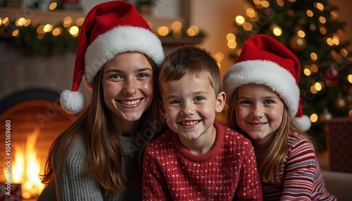 a mother celebrating christmas day with a her children in the living room, happy and cheerful