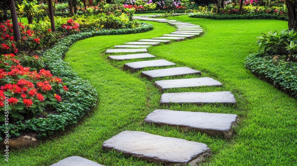 Obraz premium Winding Stone Path Through Lush Garden Landscape