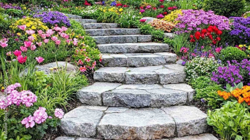 Winding Stone Path Through Lush Flower Garden Winding Stone Path Through Lush Flower Garden