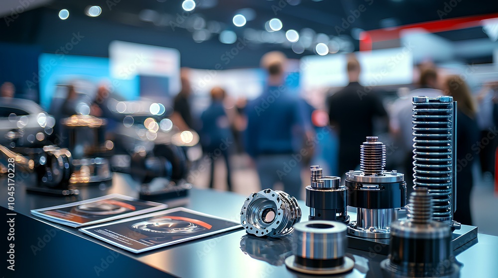 Fototapeta premium A focused display of automotive components at an exhibition, showcasing intricate details and a bustling professional atmosphere in the background.