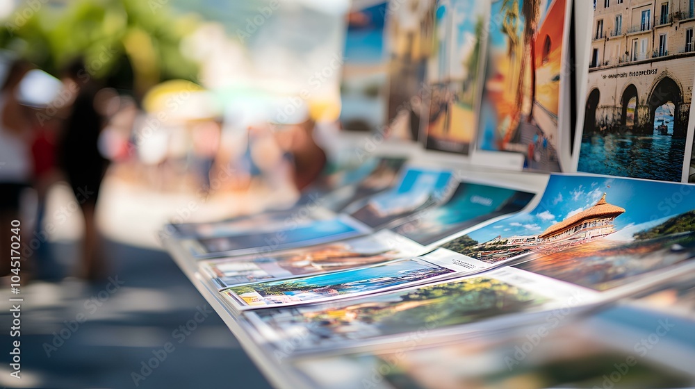 A colorful display of postcards showcasing scenic views, captured in a lively outdoor setting, perfect for travel enthusiasts and collectors. A colorful display of postcards showcasing scenic views, captured in a lively outdoor setting, perfect for travel enthusiasts and collectors.