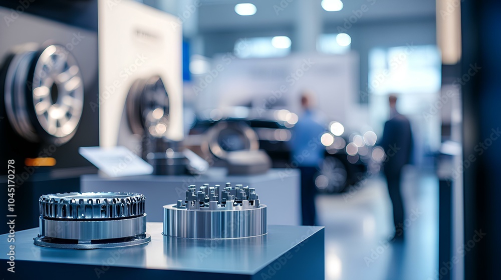 A blurred trade show scene featuring metallic automotive components in focus, showcasing technology and innovation in the automotive industry. A blurred trade show scene featuring metallic automotive components in focus, showcasing technology and innovation in the automotive industry.