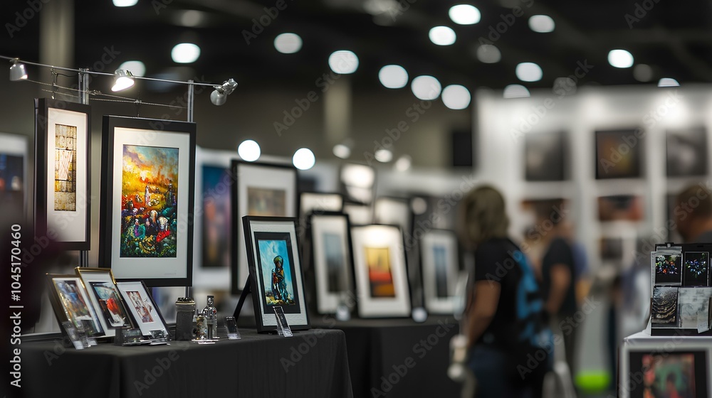 A vibrant art exhibition showcasing framed artworks, with visitors admiring the pieces under bright gallery lights. A vibrant art exhibition showcasing framed artworks, with visitors admiring the pieces under bright gallery lights.