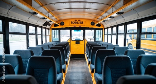 Empty school bus interior background rows of empty seats inside a brightly lit yellow school bus