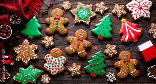 Gingerbread cookies on wooden table background festive gingerbread cookies decorated for the holidays